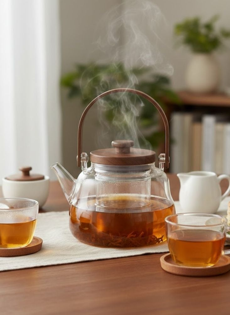 بريميم إبريق شاي زجاجي بمقبض وغطاء خشبيين لتحضير وتقديم الشاي - Image 2